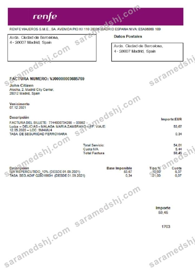 Spain Renfe utility bill template in Word and PDF format